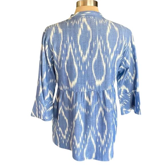 Reba Blue White Ikat Print Floral Embroidered Boho Top MEDIUM Peplum Western - Picture 5 of 10